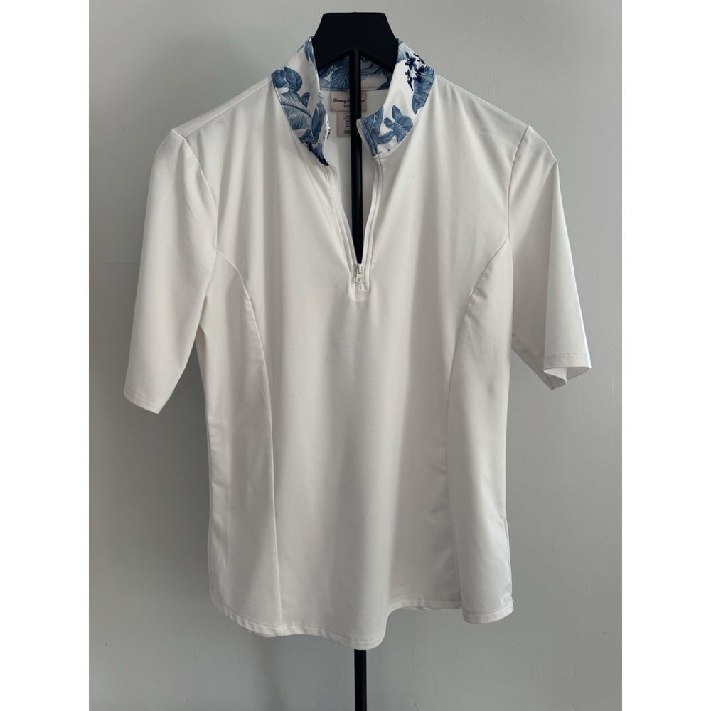 TOMMY BAHAMA Women's Sz M Active Floral 1/4 Zip Golf Polo Shirt‎ White /Blue